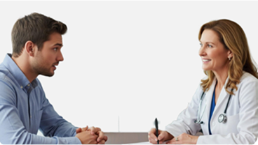 A doctor in a lab coat with a stethoscope around her neck talks to patient about his results.