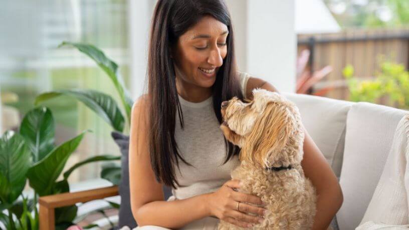 A woman smiles at the dog on her lap.