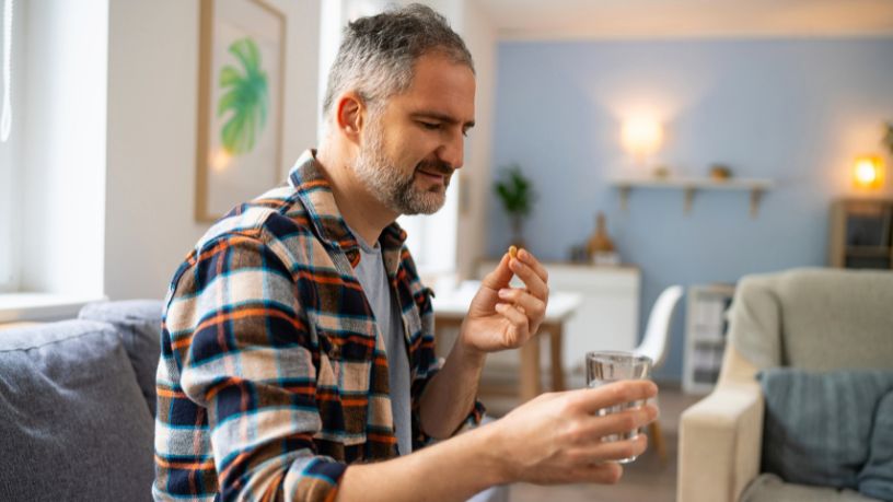 A man sits in his living room and takes a pill with water.