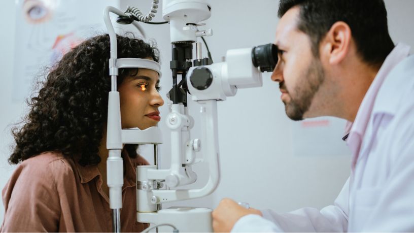 Young woman doing optical exam at medical clinic