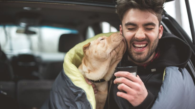 A man laughs as his dog licks his face.