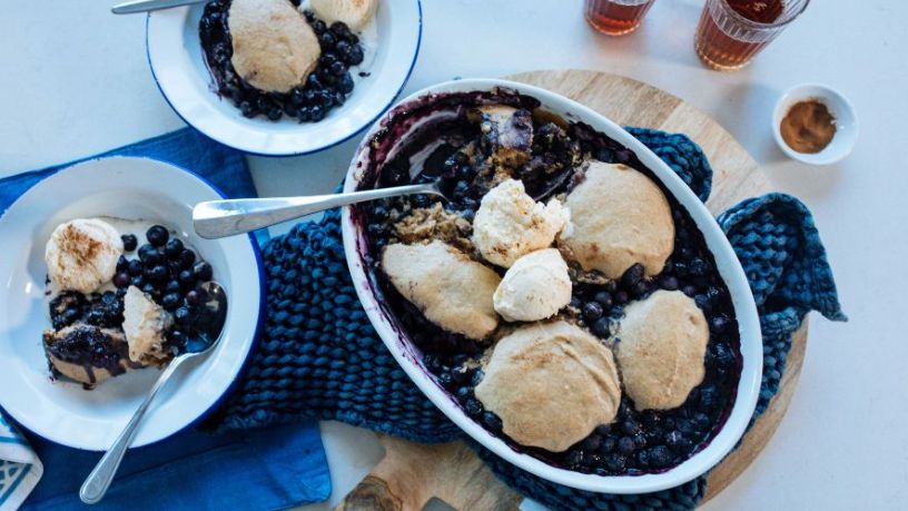Blueberry pie topped with large dollops of baked dough