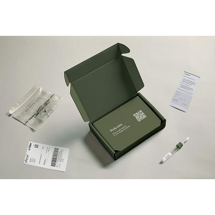 Eugene's take-home reproductive carrier screening test kit in a box, with Eugene's brand log on top.