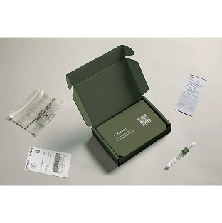 Eugene's take-home reproductive carrier screening test kit in a box, with Eugene's brand log on top.