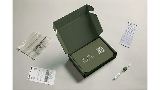 Eugene's take-home reproductive carrier screening test kit in a box, with Eugene's brand log on top.